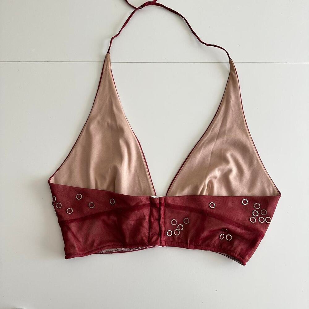 reworked BCBG Maxazria burgundy mesh halter top with silver metal rings - Picture 6 of 9